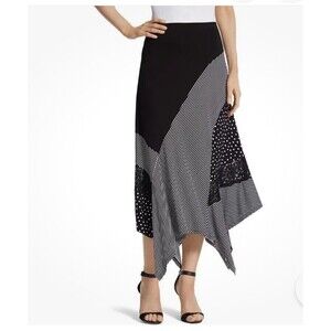 Chicos NWT US 8 Pieced Dots Stripe Hanky Hem Maxi Skirt  Black White‎